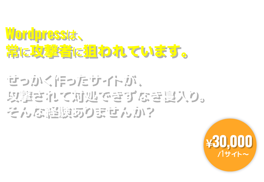 Wordpressは、常に攻撃者に狙われています。 せっかく作ったサイトが、攻撃されて対処できずなき寝入り。そんな経験ありませんか？ ¥30,000/1サイト～