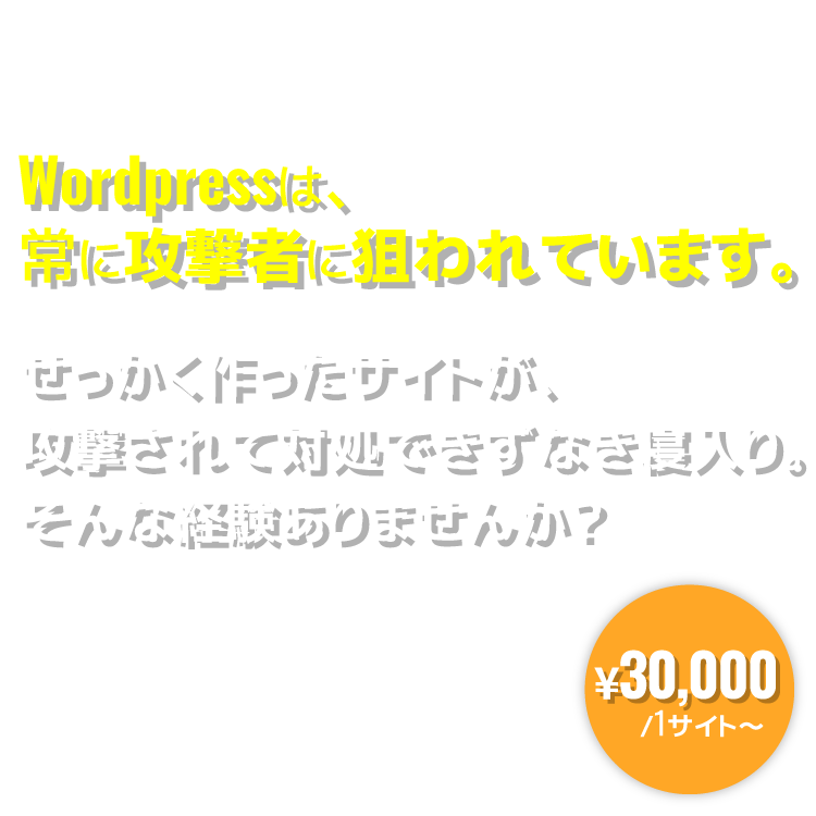 Wordpressは、常に攻撃者に狙われています。 せっかく作ったサイトが、攻撃されて対処できずなき寝入り。そんな経験ありませんか？ ¥30,000/1サイト～